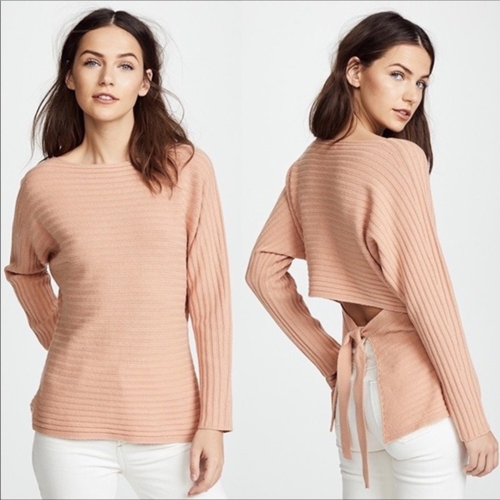 Vince Tie-Back Dolman Sweater Peach Wool Cashmere Ribbed Knit Boatneck S